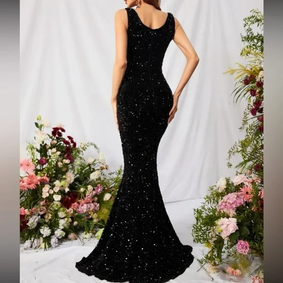 Luxe black mermaid hem sequins maxi dress